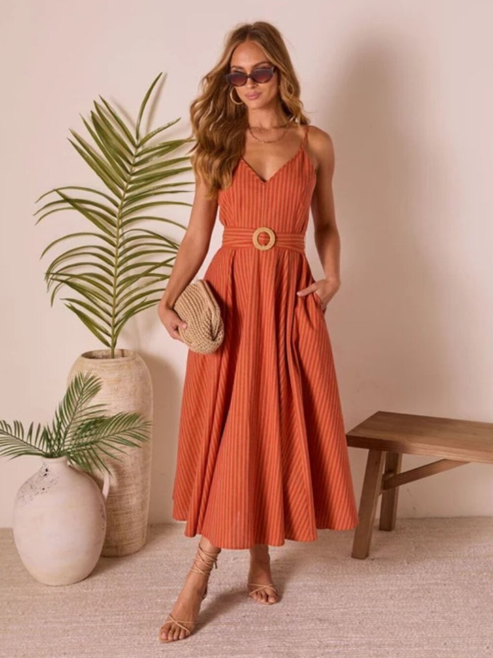 NWOT - Bungalow Bliss Striped Belted Midi Dress - Brick / M